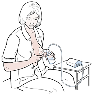 Woman sitting in chair expressing milk from breast with electric breast pump.