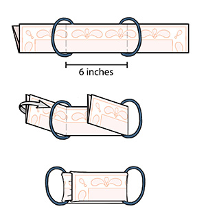 Rubber bands placed on strip, arrow showing how to fold strip, strip complete with bands in place